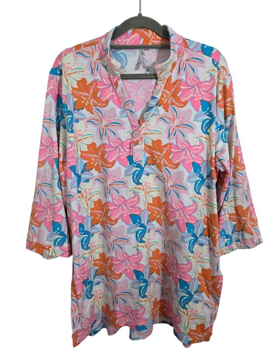 Lulu-B Tops - Lulu-B Floral Colorful Blouse Split V Neck 3/4 Sleeve Size XL Tropical Resort